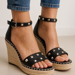 Marc Fisher Black Studded Leather Espadrille Wedge Sandals Size 9.5M
